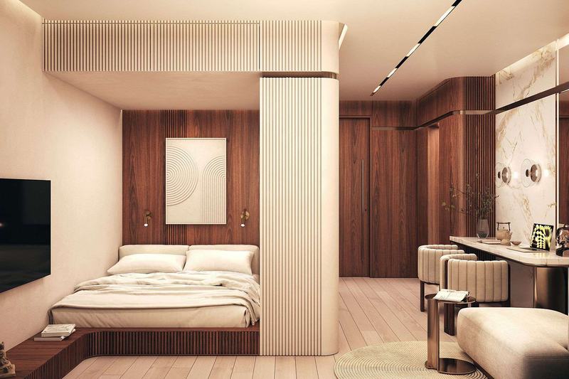 TAO Club House 28 m² studio: sleeping area and desk