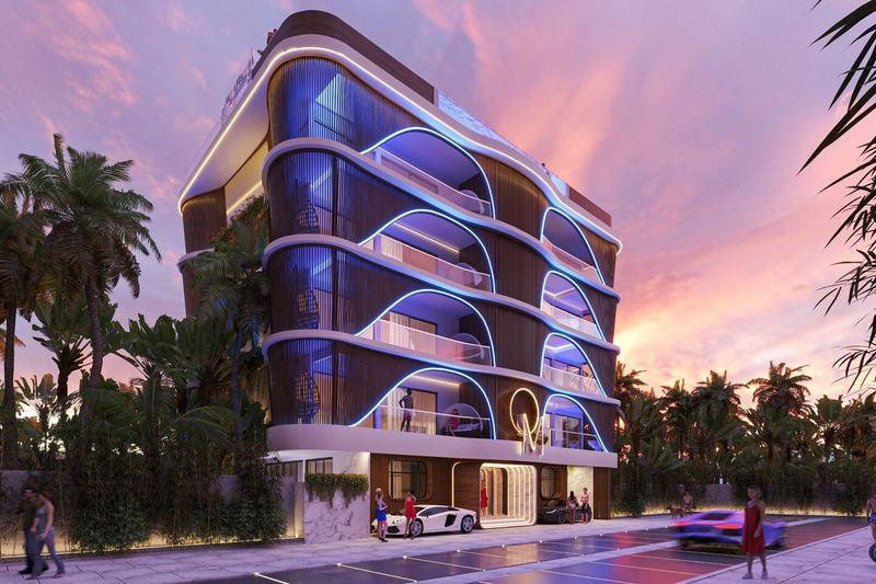 TAO Club House: the complex facade at sunset