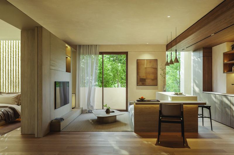 The Ease Canggu: kitchen and living room in a 1BR apartment