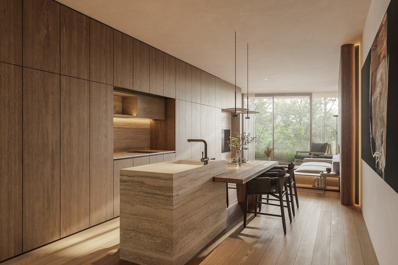 The Ease Canggu: kitchen island and living room