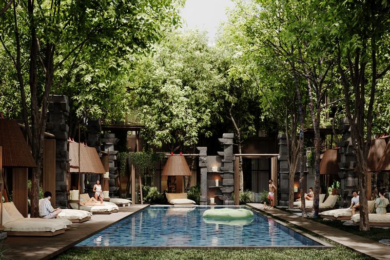 The Heights: shaded courtyard with trees around the pool