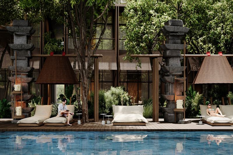 The Heights: rattan lamps hanging above pool loungers