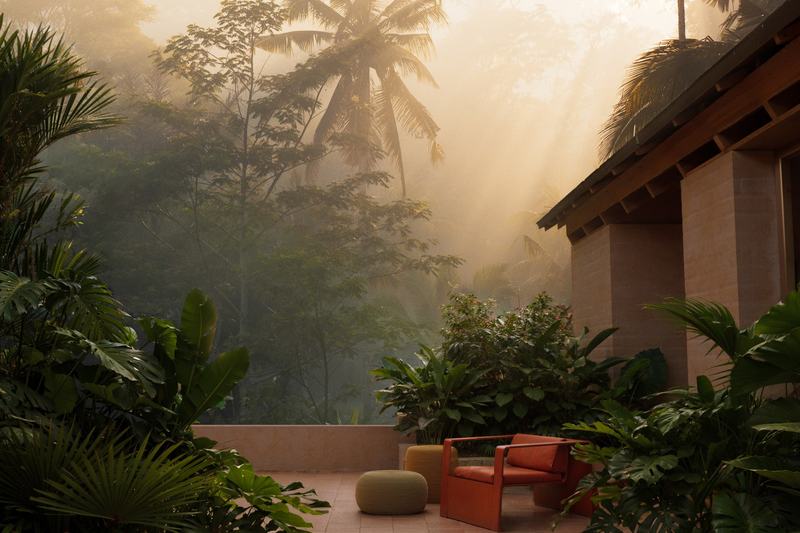 The Pavilions 3BR render: morning terrace above the valley