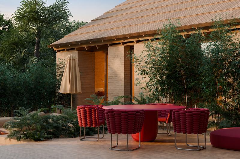 The Pavilions 4BR render: terrace dining under a canopy