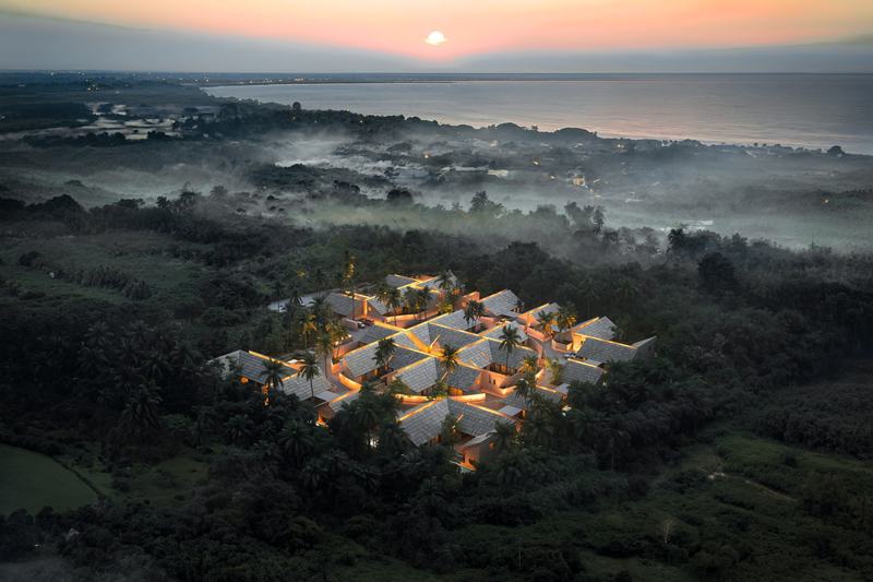 The Pavilions render: aerial view of the village at dawn