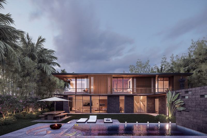 The Residences: villa with pool and lounge at dusk, render