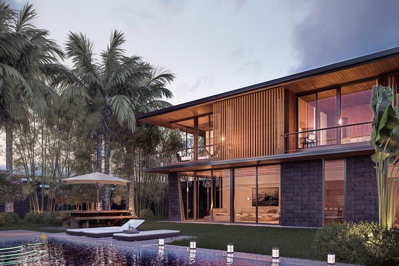 The Residences: timber-louvered facade and terrace above the pool, render