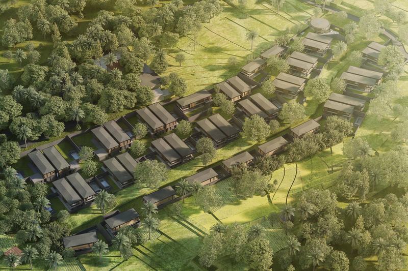 The Residences: bird's-eye render of the estate among palms and fields