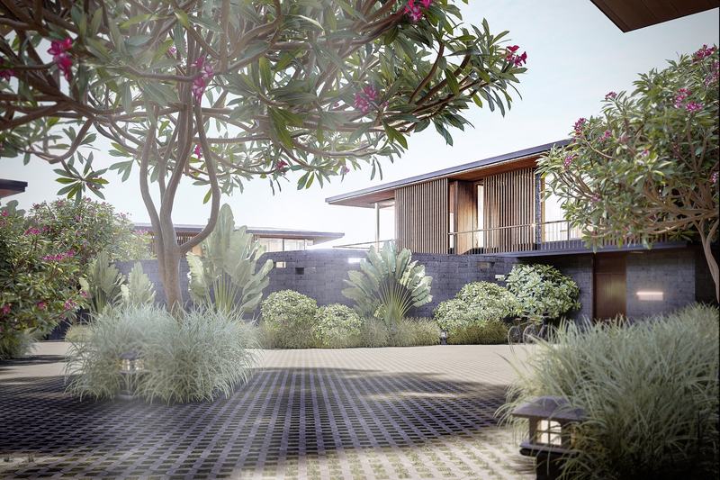 The Residences: inner lane with frangipani and grasses, render
