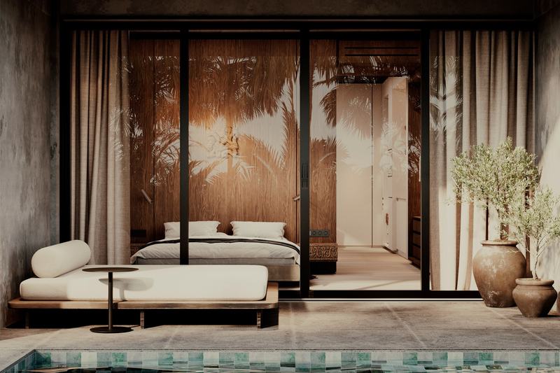 The Sense: room opening onto the pool through glass doors