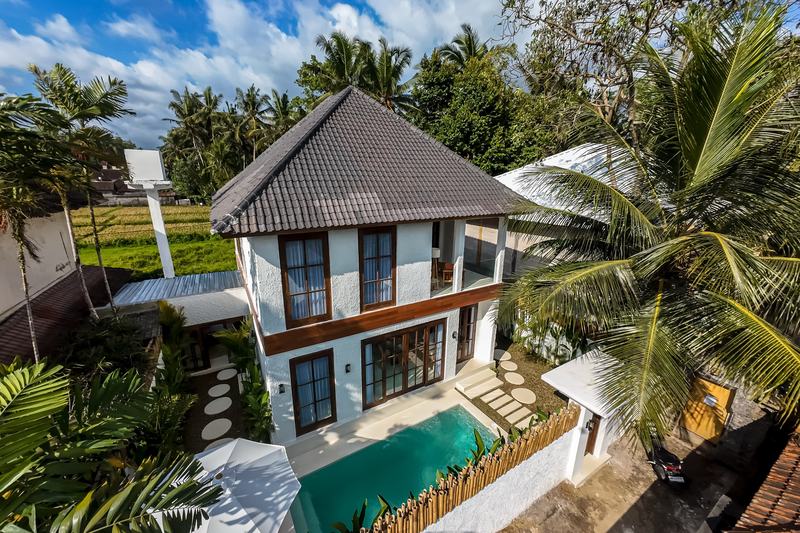 Tropical Tribe: two-story villa and pool among palms, drone photo