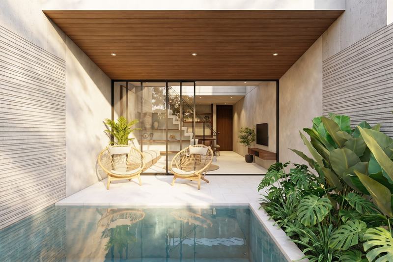 Tumbak Bayuh 2BR: two-bedroom villa courtyard, pool and a timber canopy over the terrace
