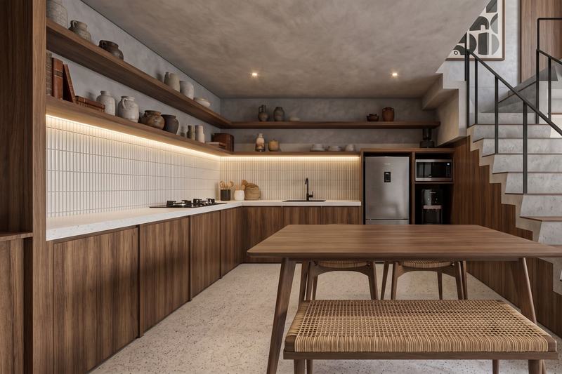 Tumbak Bayuh 1BR: kitchen with a dining table and open shelves