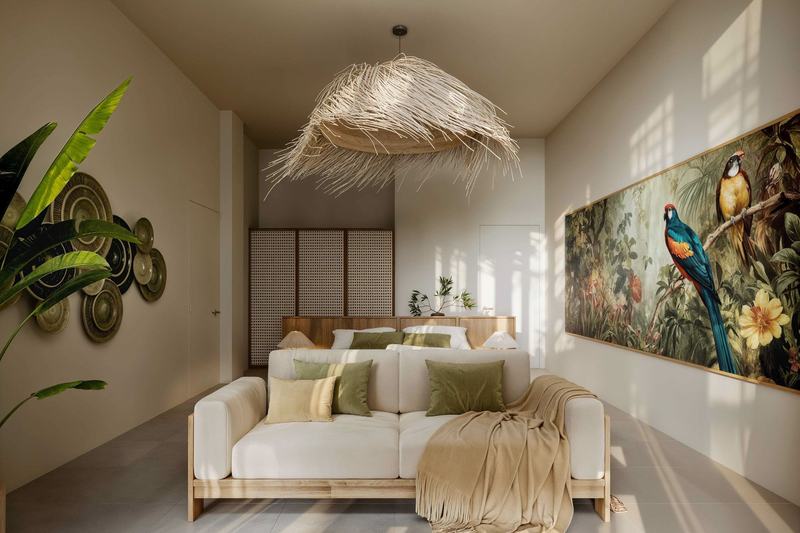 Ubud Dream Apartment 1: couch with a parrot artwork behind it