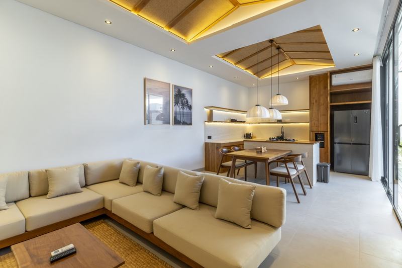 One-bedroom villa at Nyang Nyang, Uluwatu: open living room and kitchen