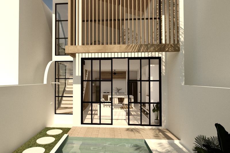 One-bedroom villa in Nunggalan, Uluwatu: rendering of the facade and pool