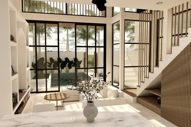 One-bedroom villa in Nunggalan, Uluwatu: rendering of the double-height living room