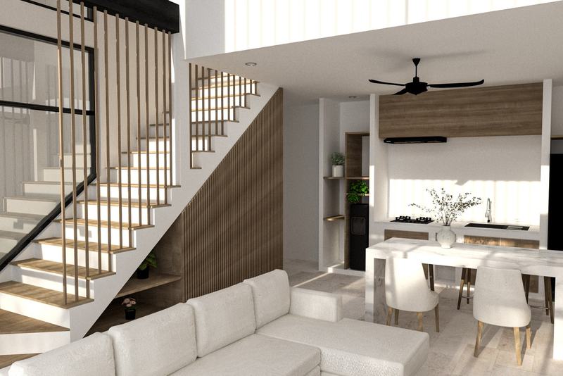 One-bedroom villa in Nunggalan, Uluwatu: rendering of the living room and kitchen