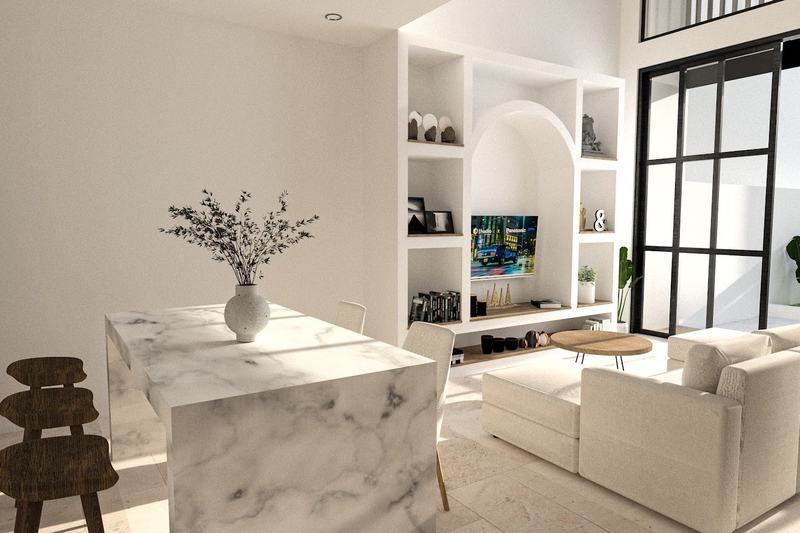 One-bedroom villa in Nunggalan, Uluwatu: rendering of the dining and living area
