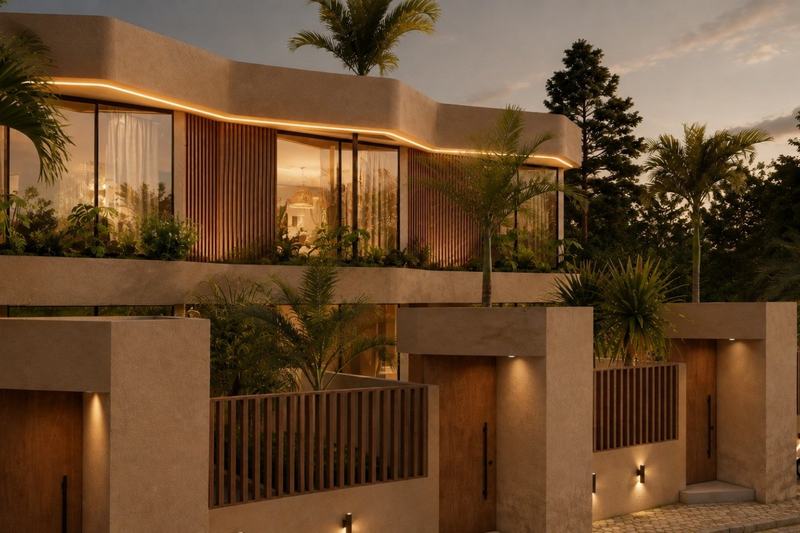 One-bedroom villa near Nunggalan: facade at dusk (render)