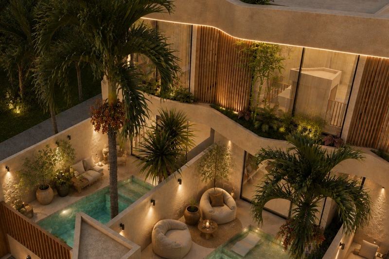 One-bedroom villa near Nunggalan: courtyards and terraces from above (render)