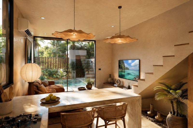 One-bedroom villa near Nunggalan: living room and kitchen (render)