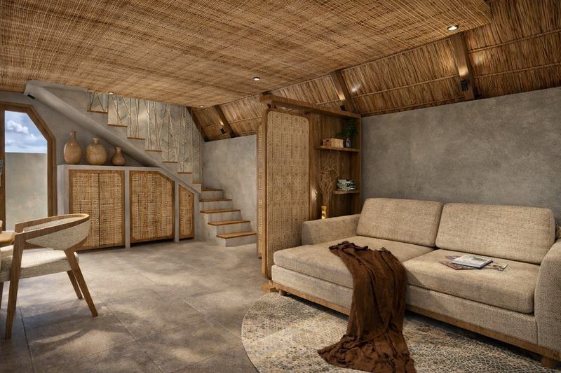 One-bedroom bungalow in Uluwatu: living room with a staircase
