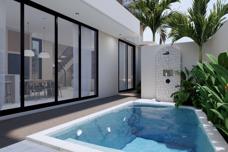 Two-bedroom rooftop villa near Nunggalan: pool and living room (render)