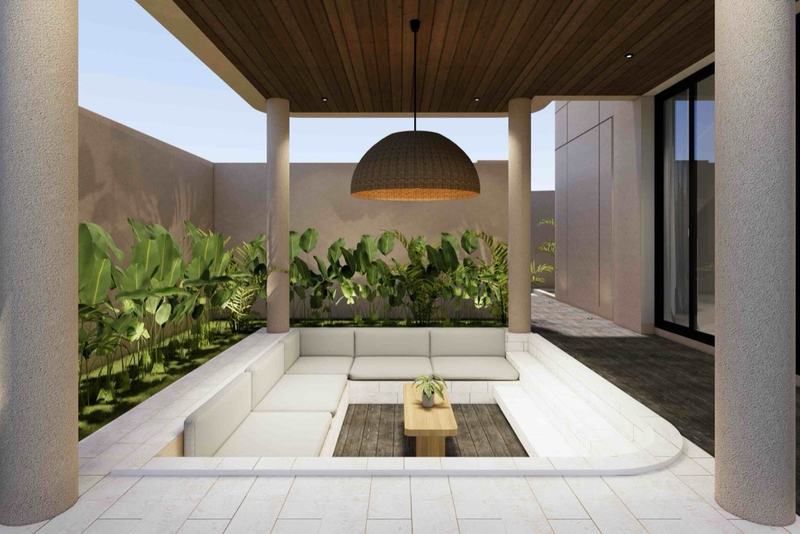 Two-bedroom villa at Nunggalan, render: covered lounge in the courtyard