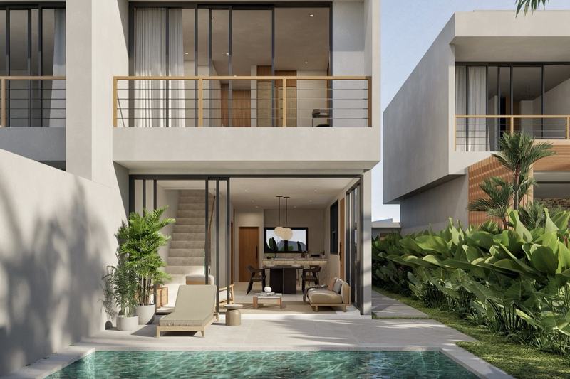 Two-bedroom ocean-view villa in Uluwatu, render: two-story house with pool and open living room