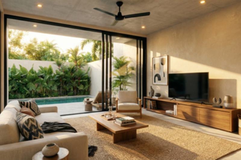 Two-bedroom ocean-view villa in Uluwatu, render: sofa and sliding windows to the pool