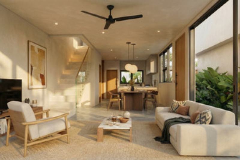 Two-bedroom ocean-view villa in Uluwatu, render: living and dining area opening to the garden