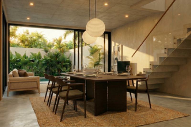 Two-bedroom ocean-view villa in Uluwatu, render: dining table by the staircase