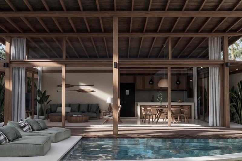 Two-bedroom villa in Uluwatu, render: open pavilion living room and pool