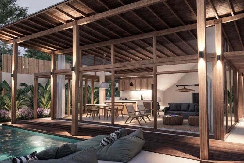 Two-bedroom villa in Uluwatu, render: pool terrace with bean bags under the timber roof