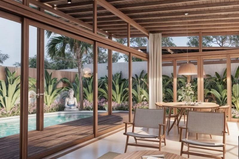 Two-bedroom villa in Uluwatu, render: dining table on the terrace by the pool