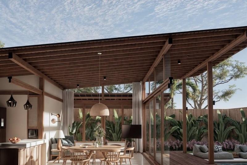 Two-bedroom villa in Uluwatu, render: living and dining space under a high wooden roof