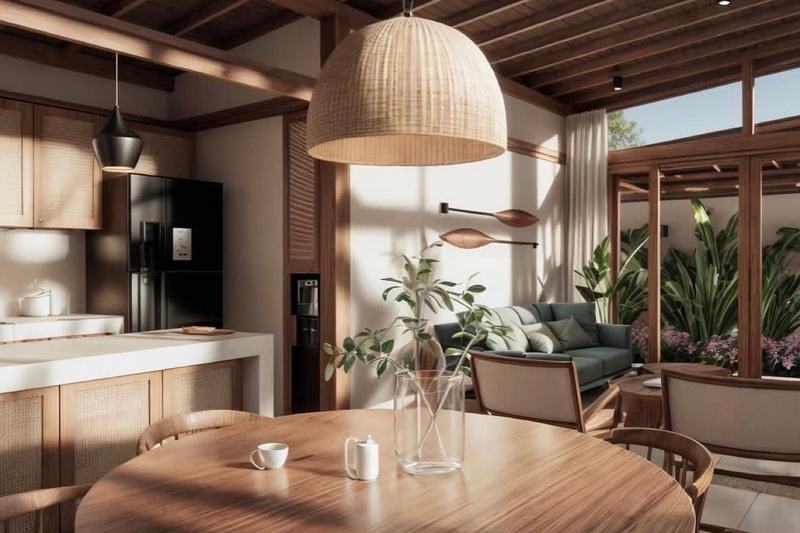 Two-bedroom villa in Uluwatu, render: round dining table and the kitchen