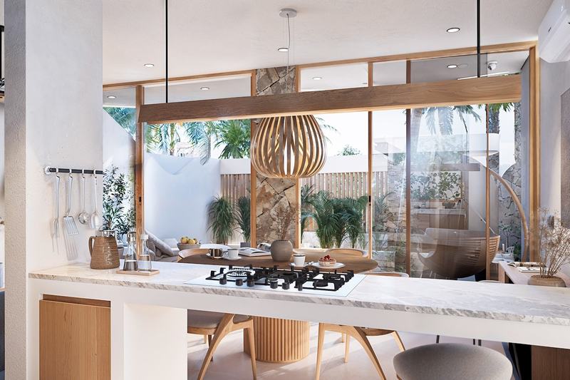 Two-bedroom villa at Nyang Nyang, Uluwatu, render: kitchen and dining room