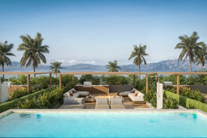 Four-bedroom villa in Nunggalan: pool and lounge facing the ocean (render)
