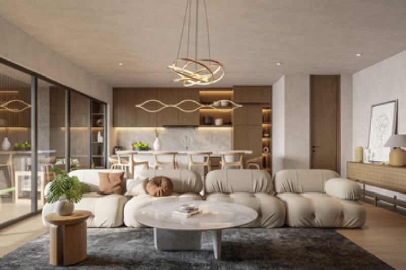 Four-bedroom villa in Nunggalan: living room and kitchen (render)