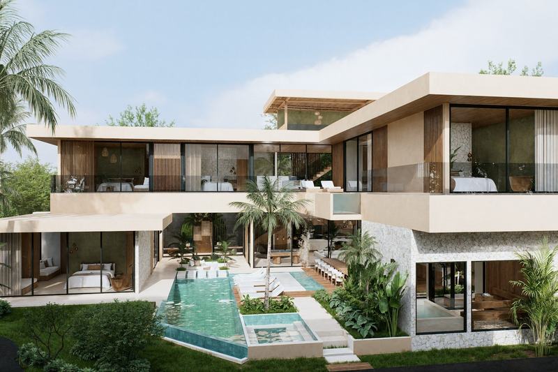 Six-bedroom clifftop villa in Uluwatu: facade and cascade pool (render)