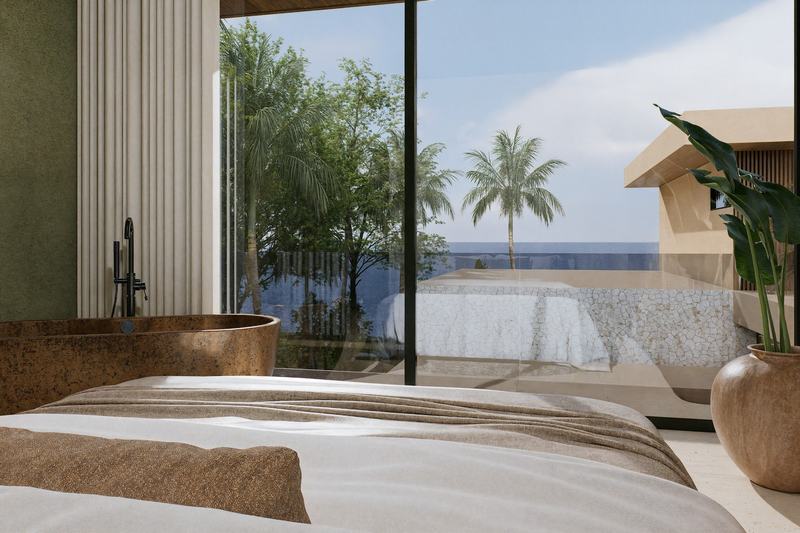 Six-bedroom clifftop villa in Uluwatu: primary suite with a bath facing the ocean (render)