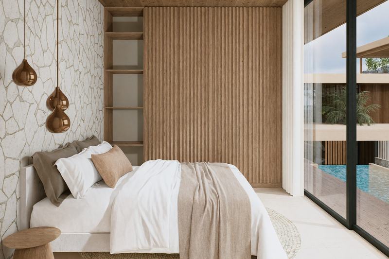 Six-bedroom clifftop villa in Uluwatu: bedroom opening to the pool (render)