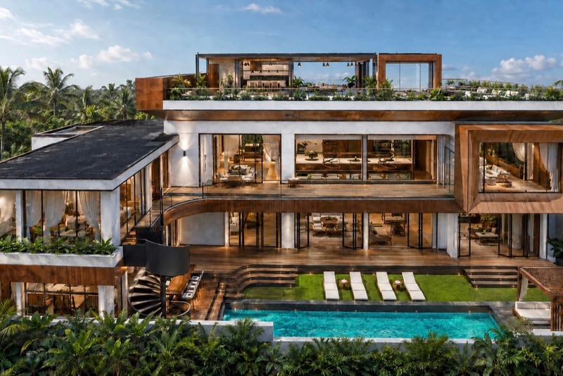 Eight-bedroom villa in Nunggalan, Uluwatu: facade and pool (render)