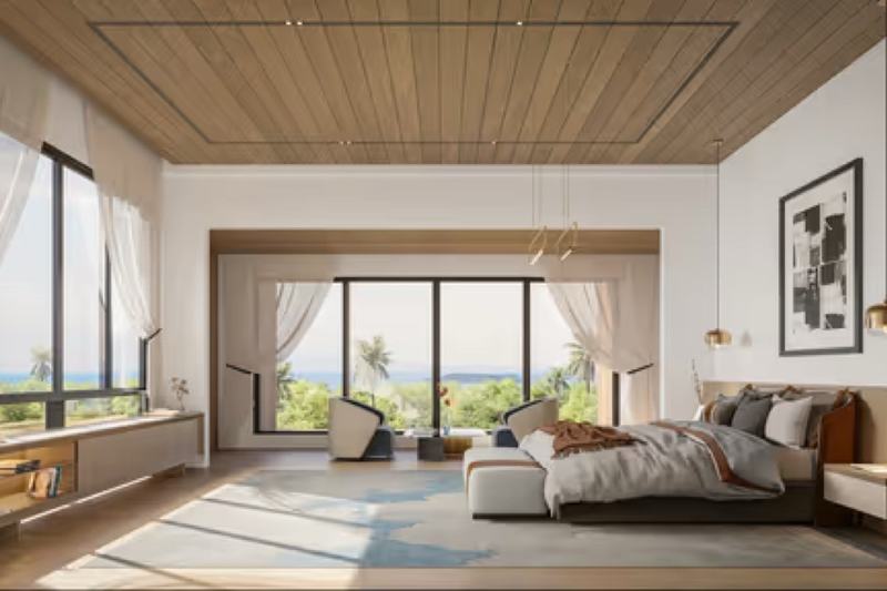 Eight-bedroom villa in Nunggalan, Uluwatu: bedroom with an ocean view (render)