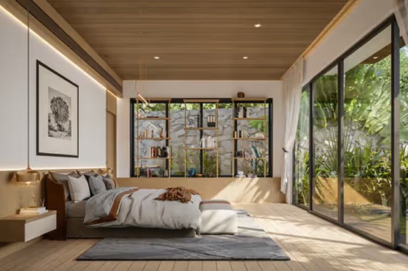 Eight-bedroom villa in Nunggalan, Uluwatu: bedroom with a library wall (render)