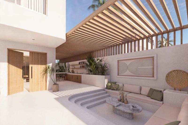 Uluwatu Art Villas: sunken lounge under a pergola in the courtyard