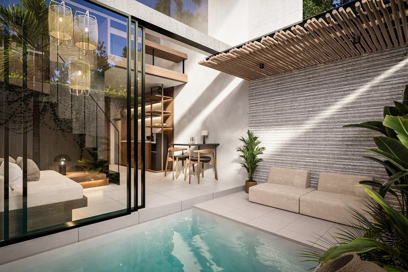Umalas Private Suite 30Y: pool courtyard and staircase in a render