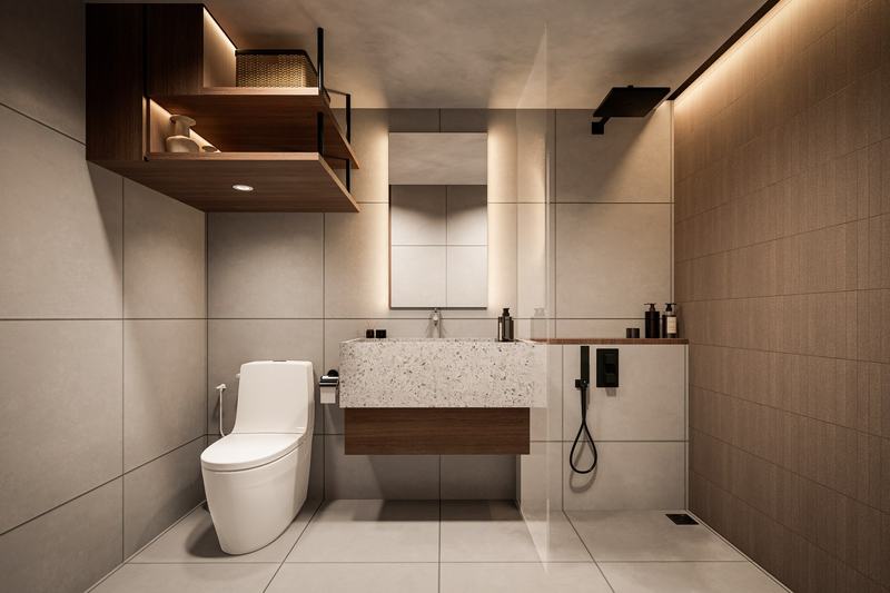 Umalas Private Suite 30Y: bathroom finished in gray tile, render